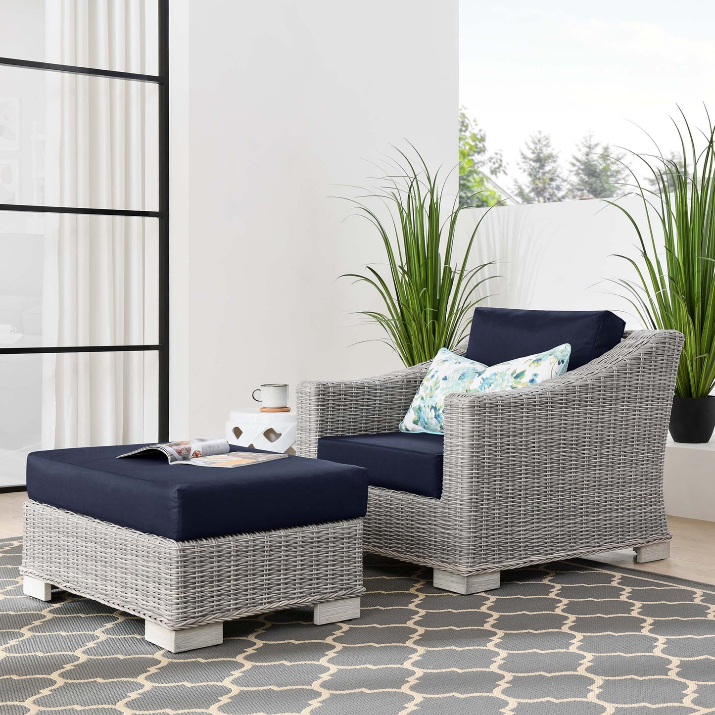 Conway 2-Piece Outdoor Patio Wicker Rattan Armchair and Ottoman Set in Light Gray Navy by Modway (5090)