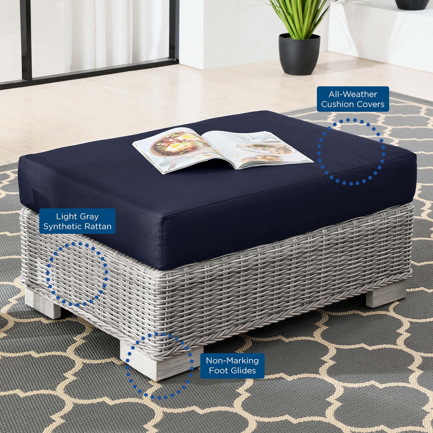 Conway 2-Piece Outdoor Patio Wicker Rattan Armchair and Ottoman Set in Light Gray Navy by Modway (5090)