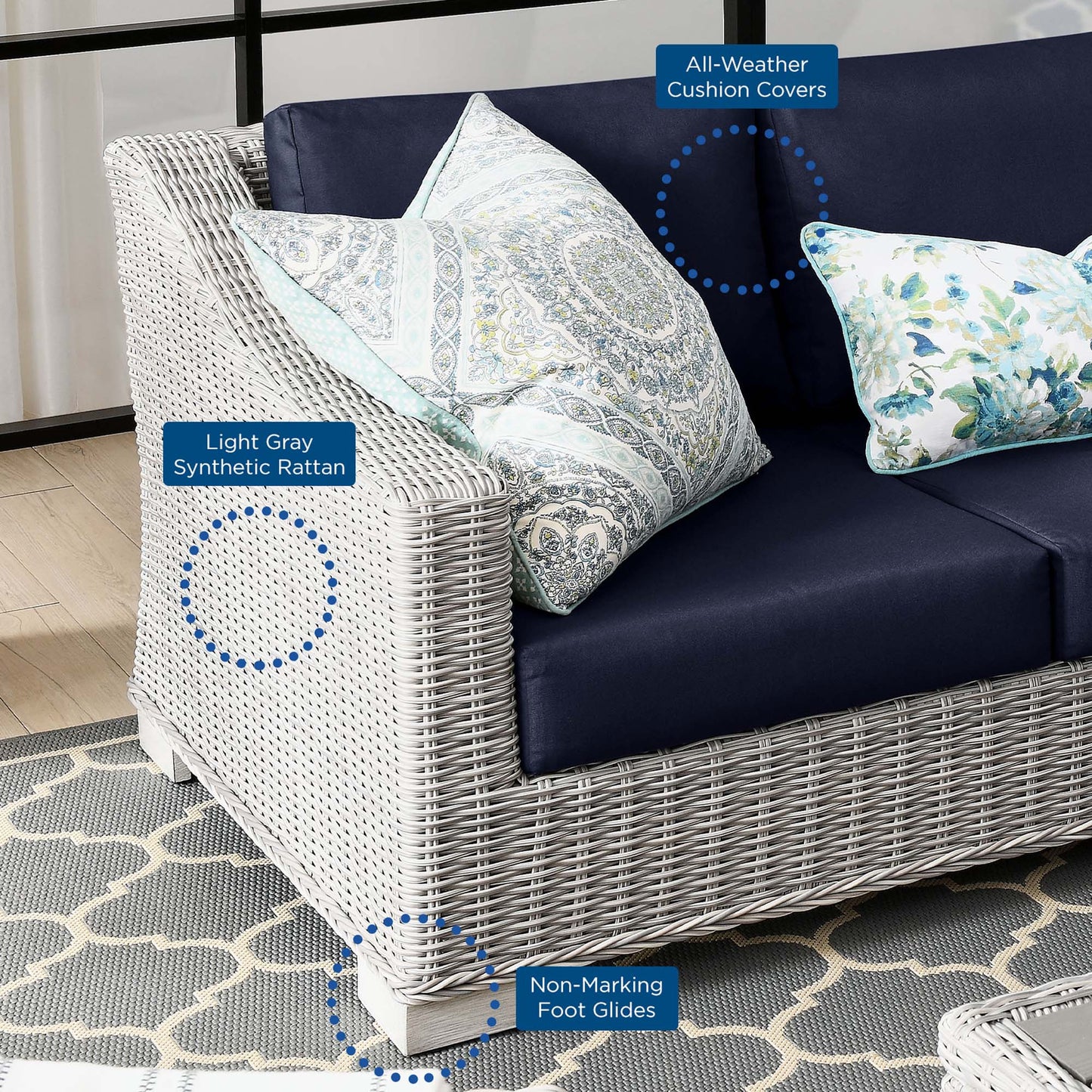 Conway 4-Piece Outdoor Patio Wicker Rattan Furniture Set in Light Gray Navy by Modway (5091)