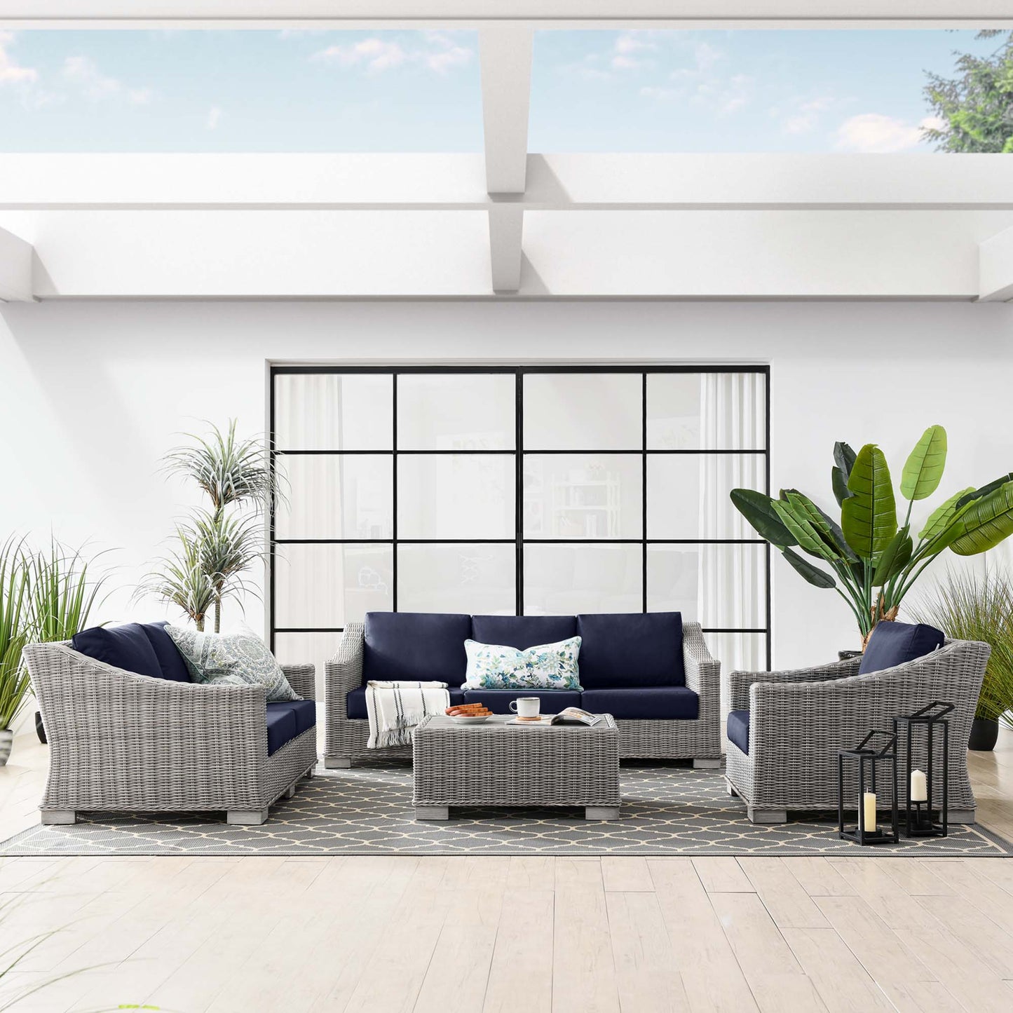 Conway 4-Piece Outdoor Patio Wicker Rattan Furniture Set in Light Gray Navy by Modway (5091)