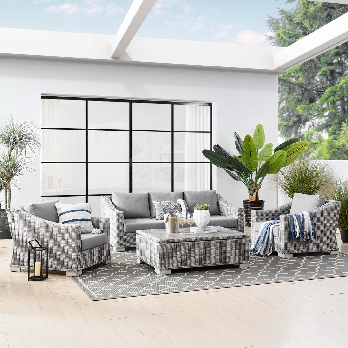 Conway 4-Piece Outdoor Patio Wicker Rattan Furniture Set in Light Gray Gray by Modway (5095)