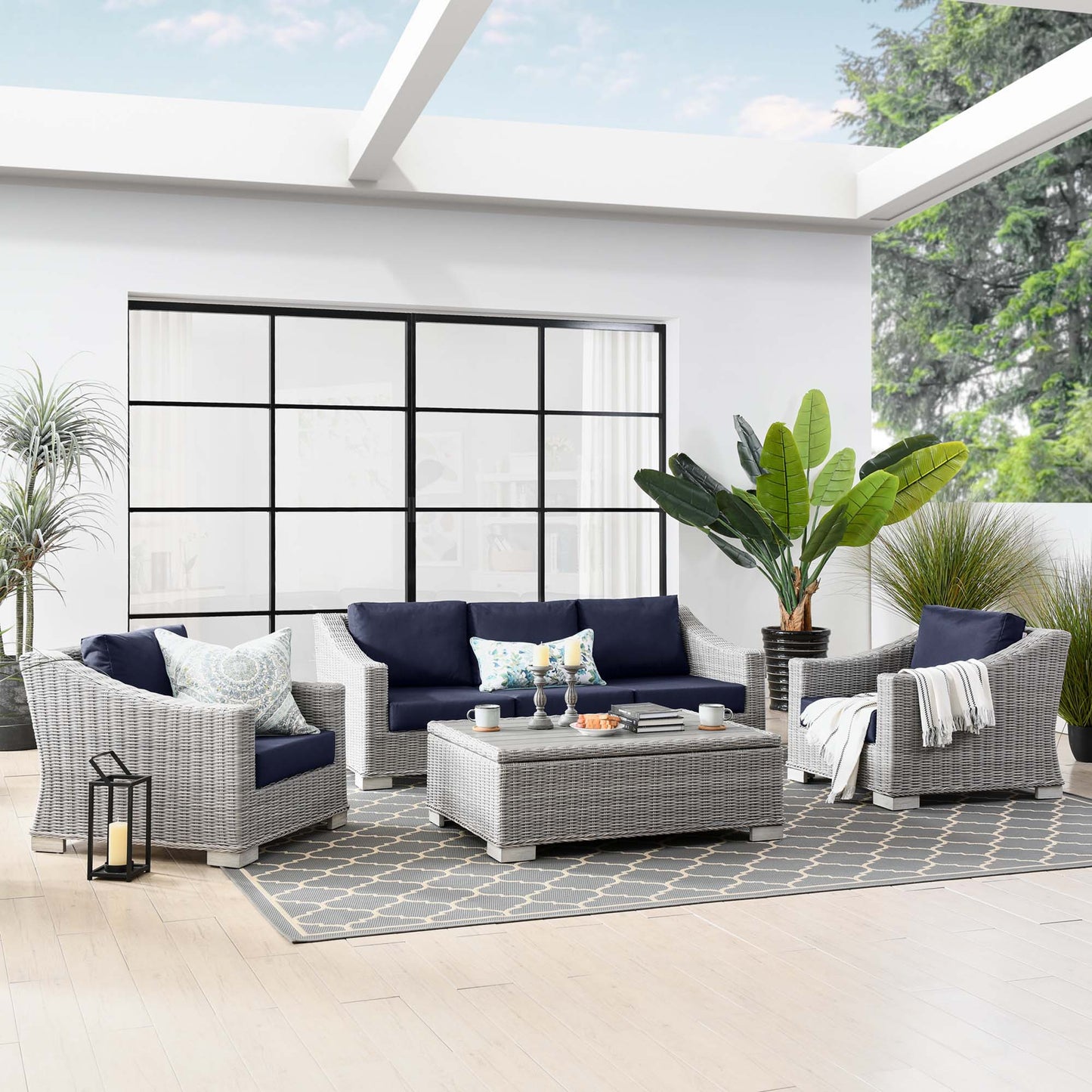 Conway 4-Piece Outdoor Patio Wicker Rattan Furniture Set in Light Gray Navy by Modway (5095)