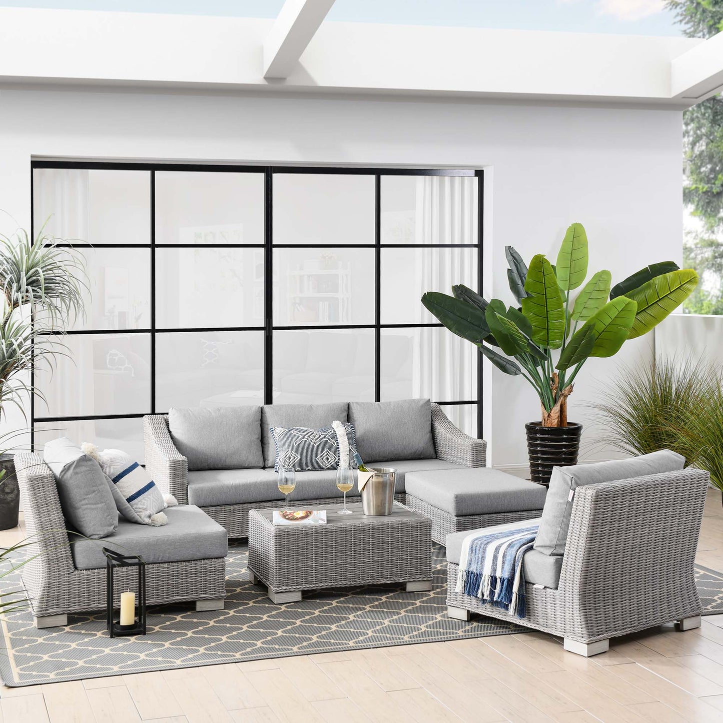 Conway 5-Piece Outdoor Patio Wicker Rattan Furniture Set in Light Gray Gray by Modway (5097)