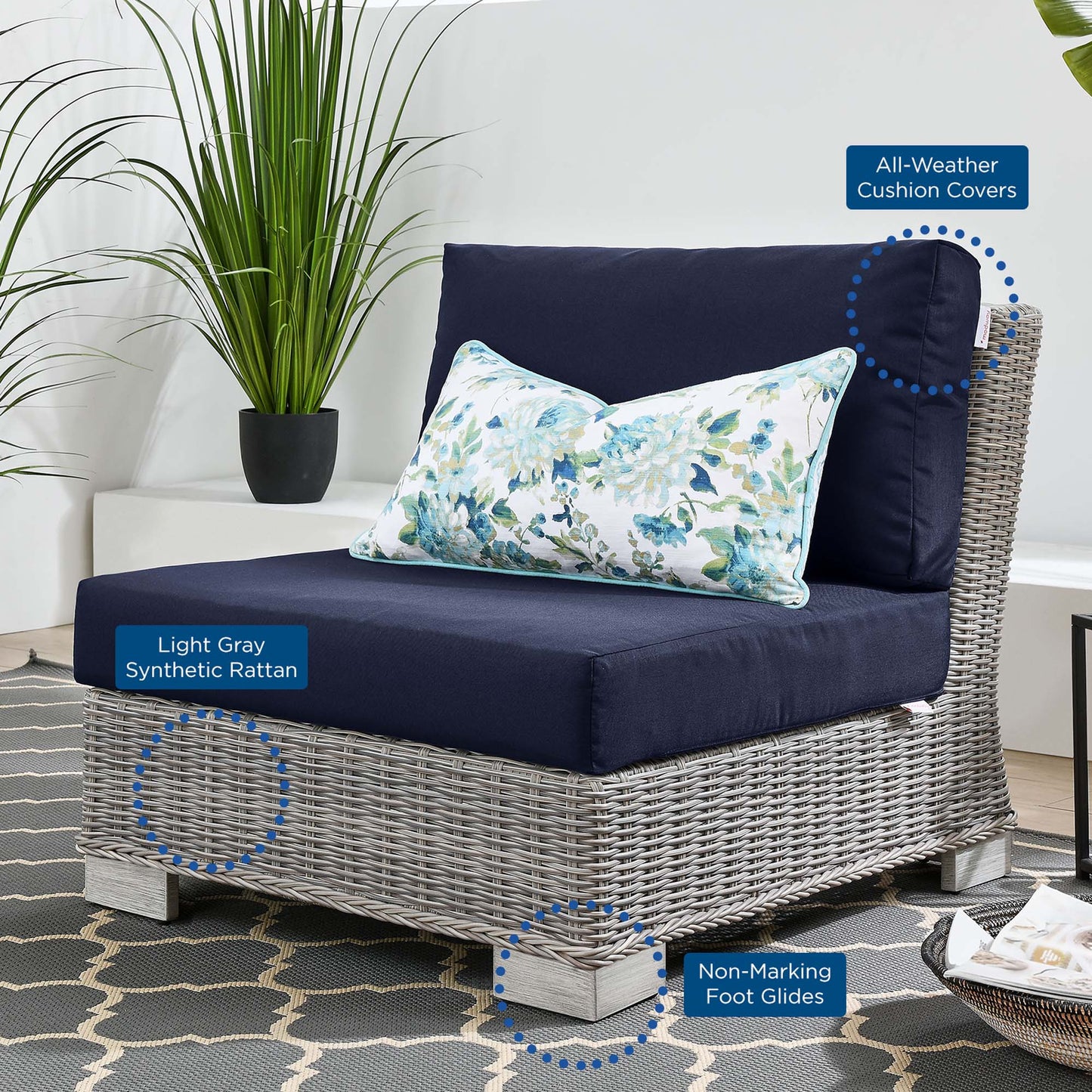 Conway 5-Piece Outdoor Patio Wicker Rattan Furniture Set in Light Gray Navy by Modway (5097)
