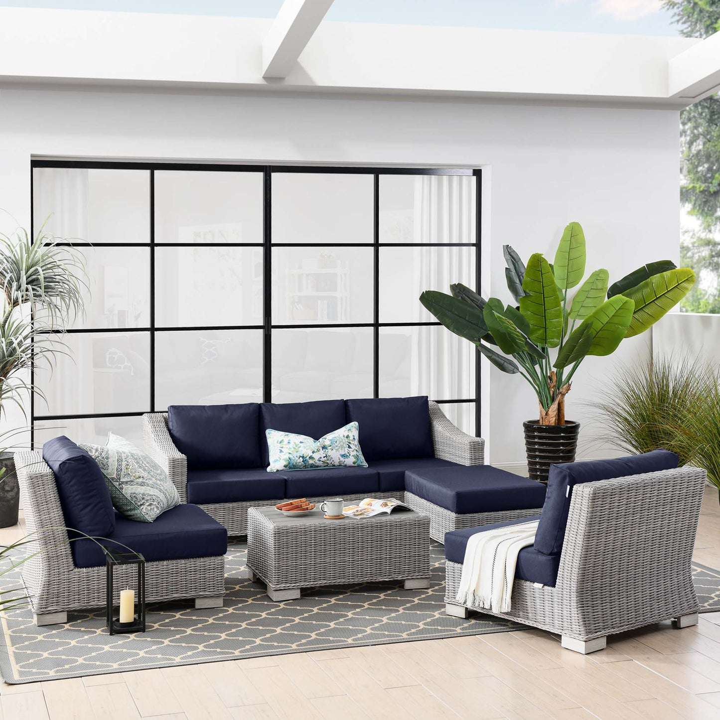 Conway 5-Piece Outdoor Patio Wicker Rattan Furniture Set in Light Gray Navy by Modway (5097)