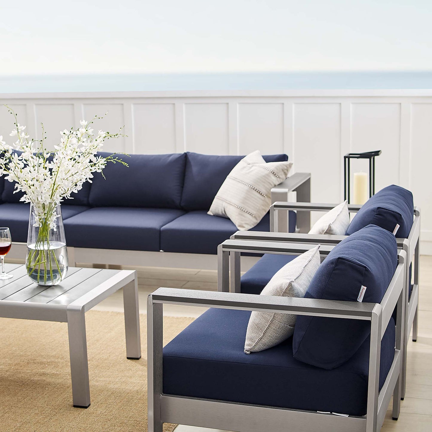Shore Aluminum 7-Piece Sectional Sofa Set - Silver Navy by Modway