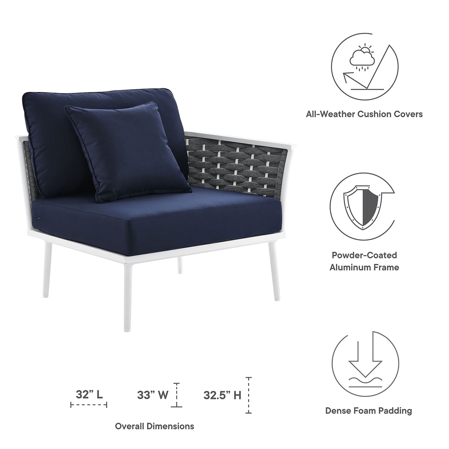 Stance Outdoor Patio Aluminum Right-Facing Armchair in White Navy by Modway (5566)