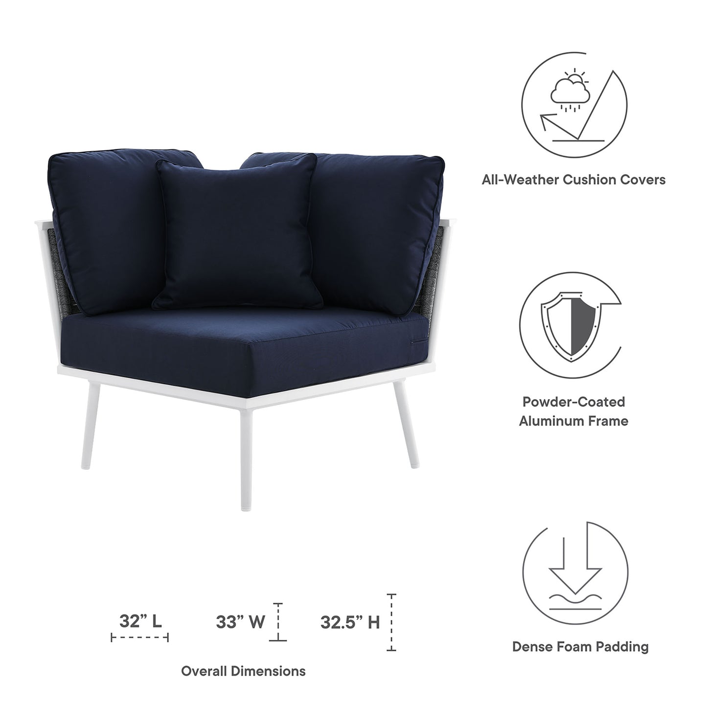 Stance Outdoor Patio Aluminum Corner Chair in White Navy by Modway (5567)