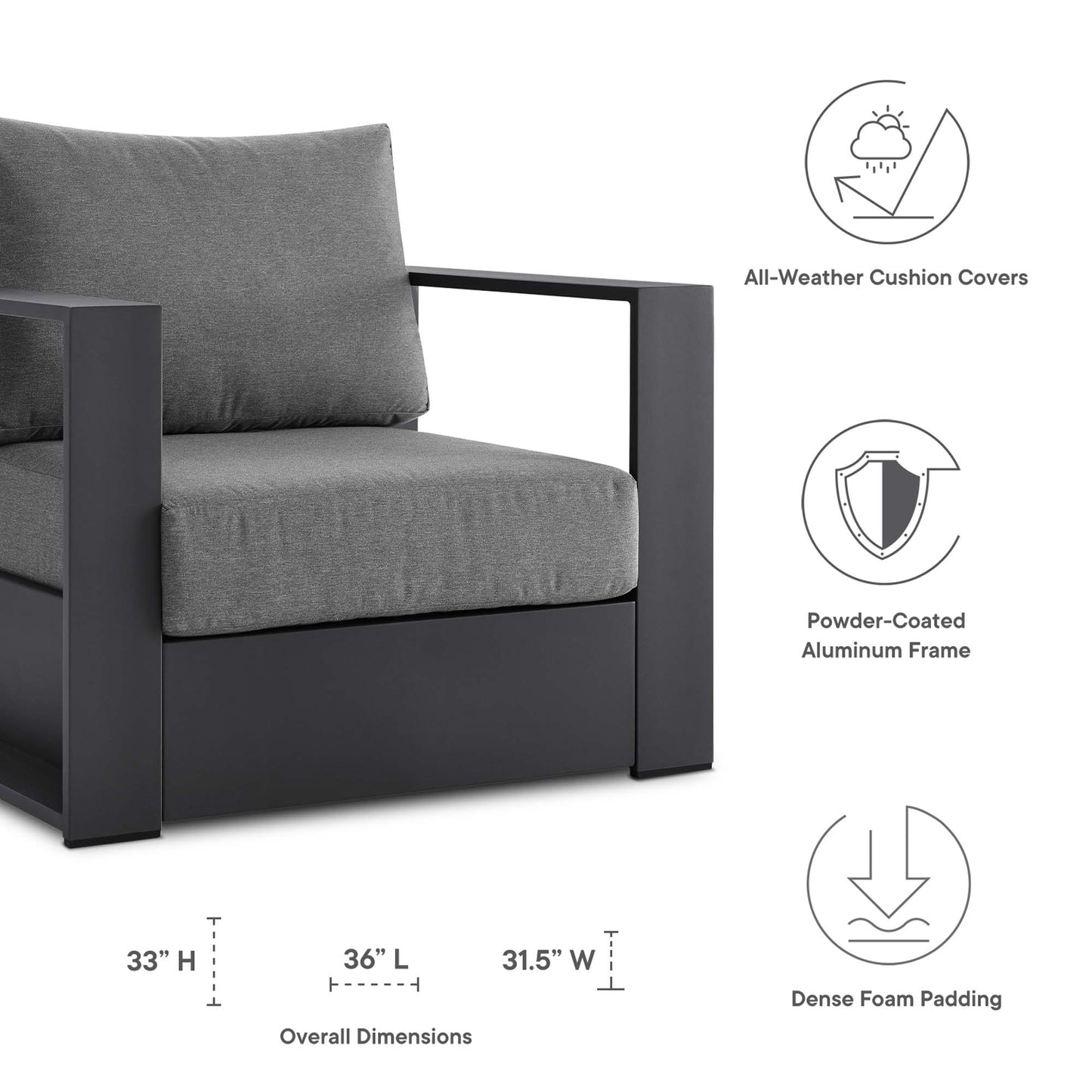 Tahoe Outdoor Patio Powder-Coated Aluminum Armchair in Gray Charcoal by Modway (5675)