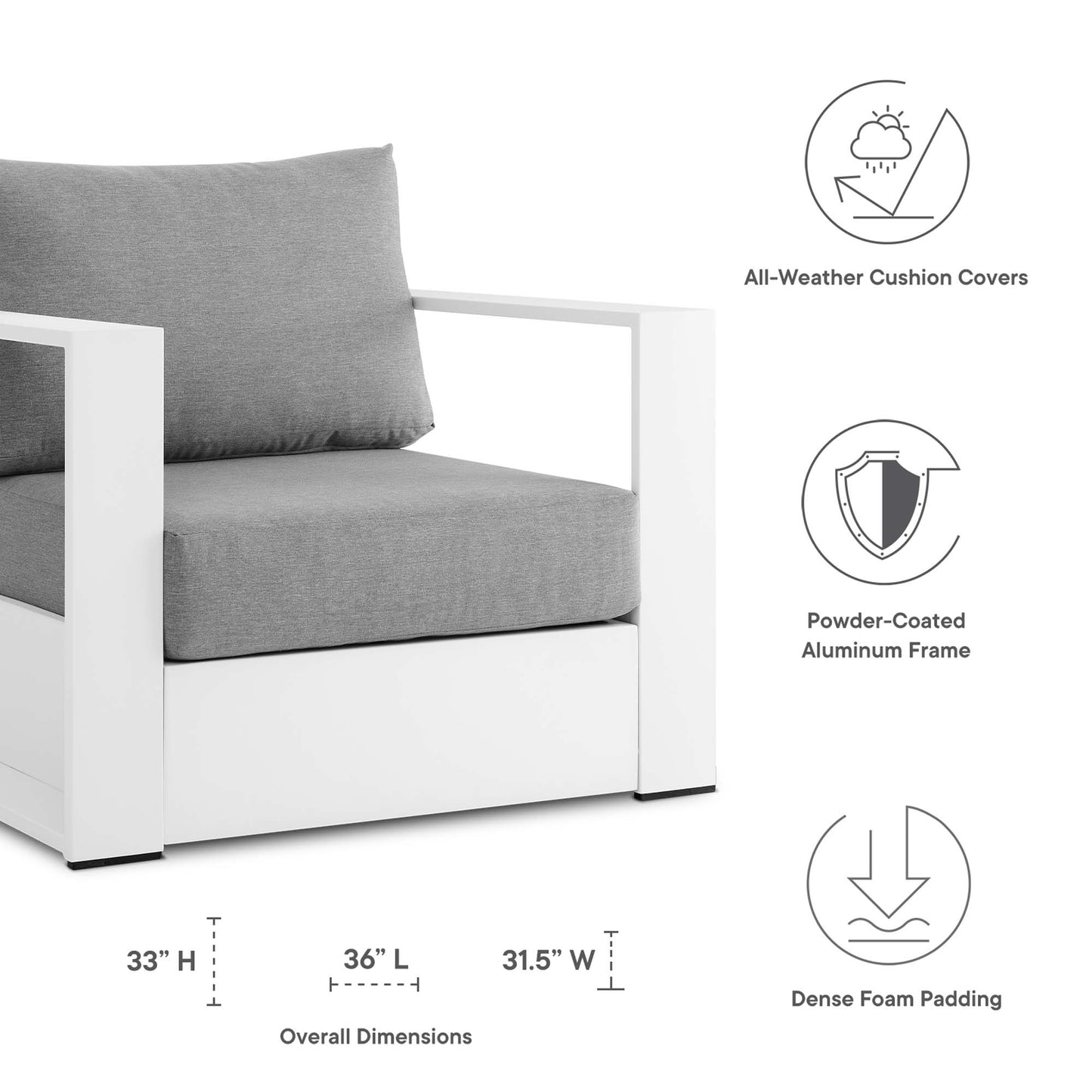Tahoe Outdoor Patio Powder-Coated Aluminum Armchair in White Gray by Modway (5675)