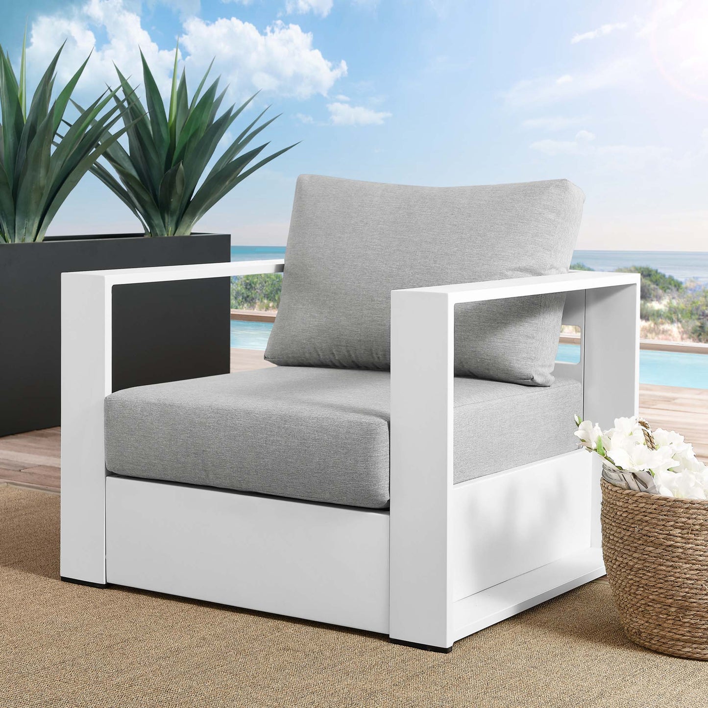 Tahoe Outdoor Patio Powder-Coated Aluminum Armchair in White Gray by Modway (5675)