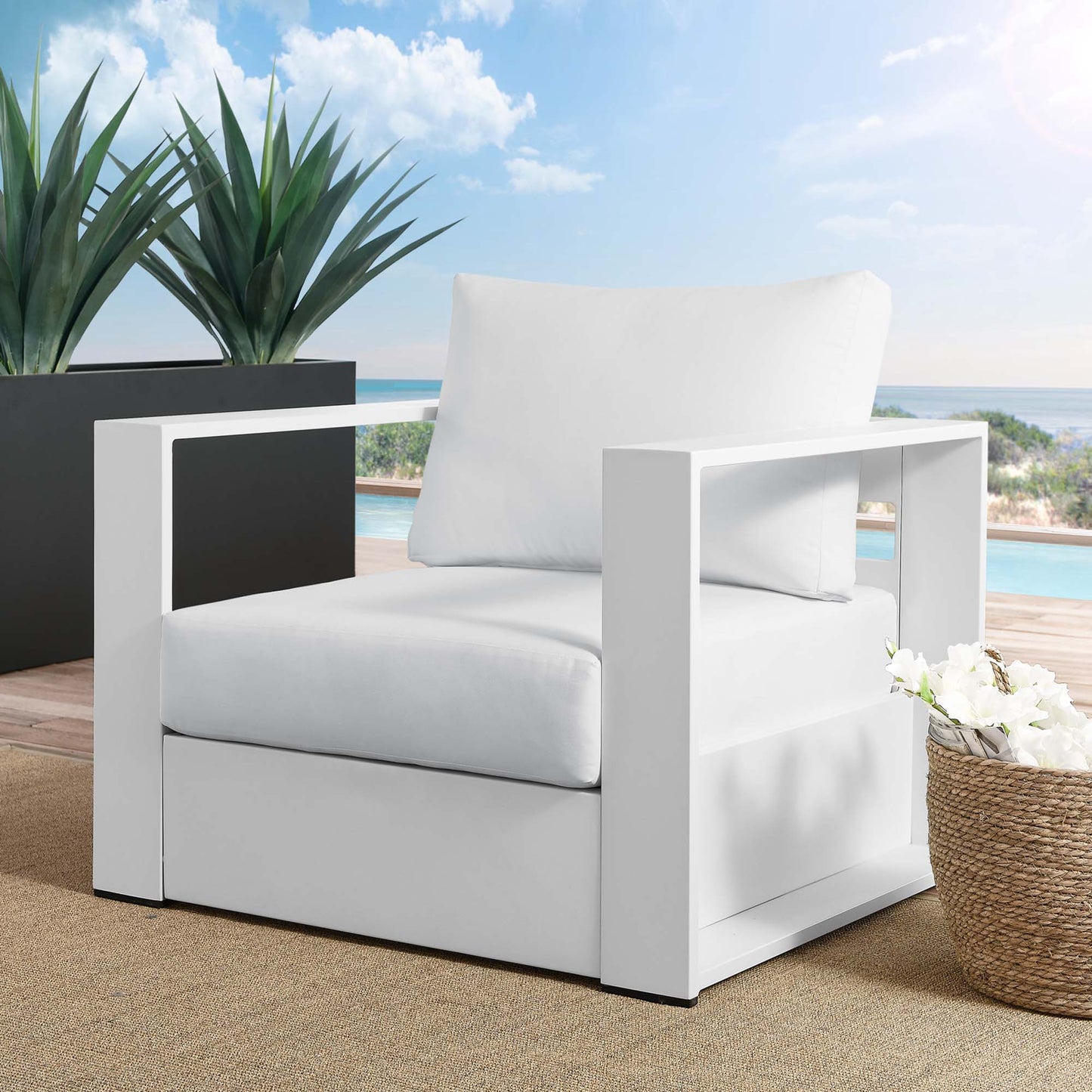 Tahoe Outdoor Patio Powder-Coated Aluminum Armchair in White White by Modway (5675)