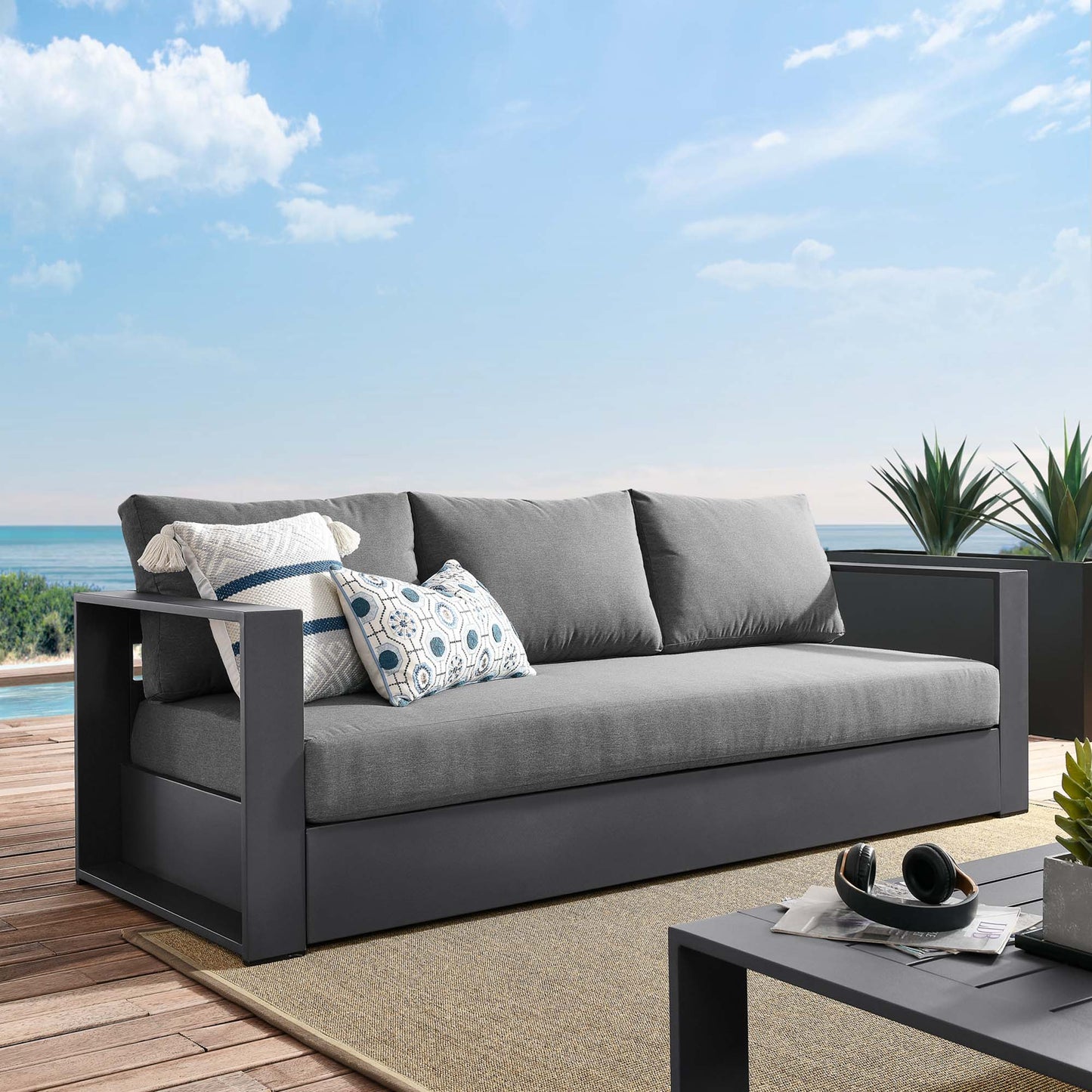 Tahoe Outdoor Patio Powder-Coated Aluminum Sofa in Gray Charcoal by Modway (5676)