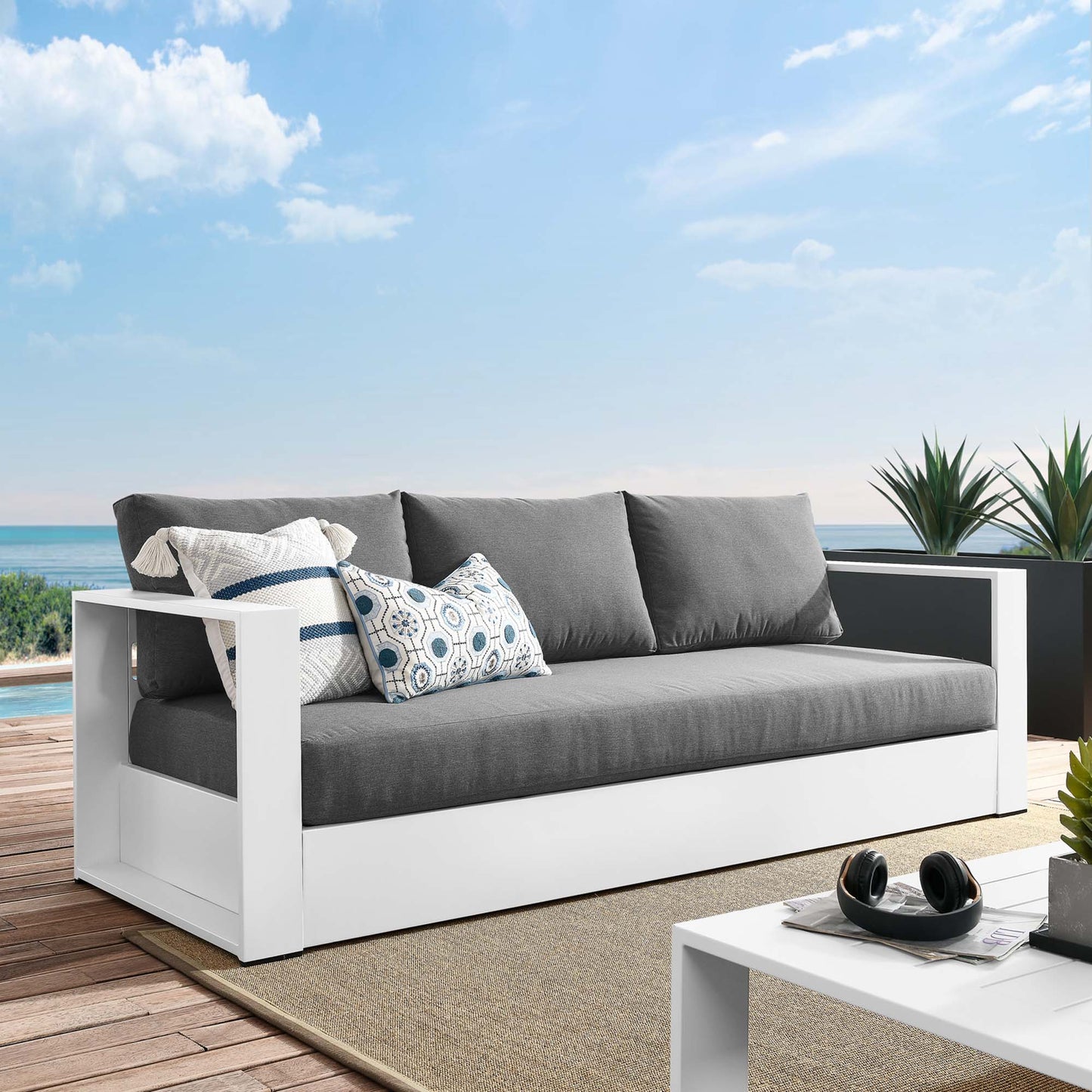 Tahoe Outdoor Patio Powder-Coated Aluminum Sofa in White Charcoal by Modway (5676)