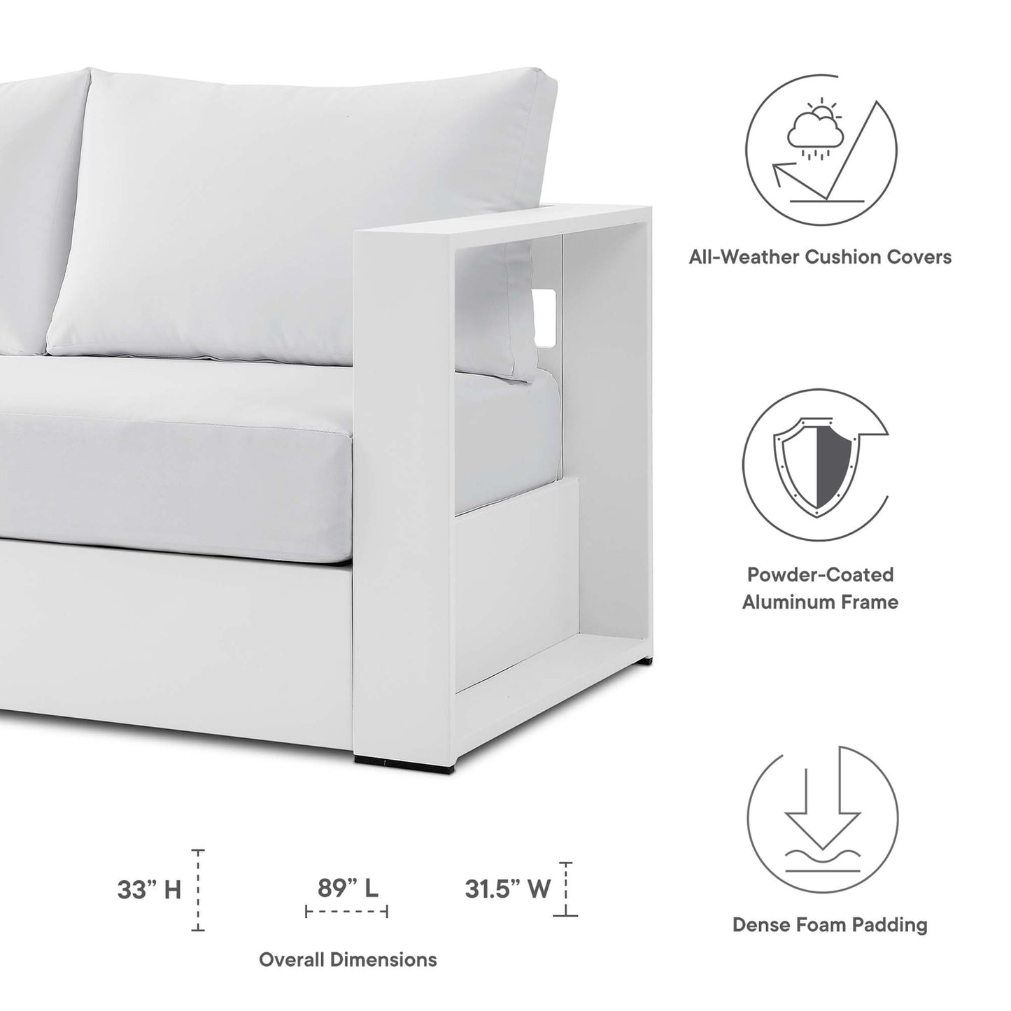Tahoe Outdoor Patio Powder-Coated Aluminum Sofa in White White by Modway (5676)