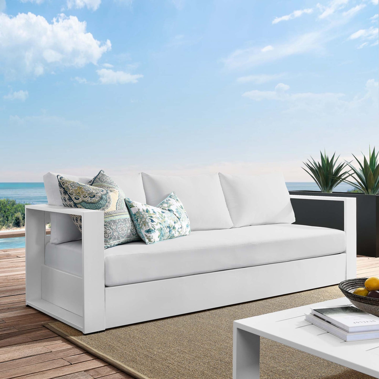 Tahoe Outdoor Patio Powder-Coated Aluminum Sofa in White White by Modway (5676)