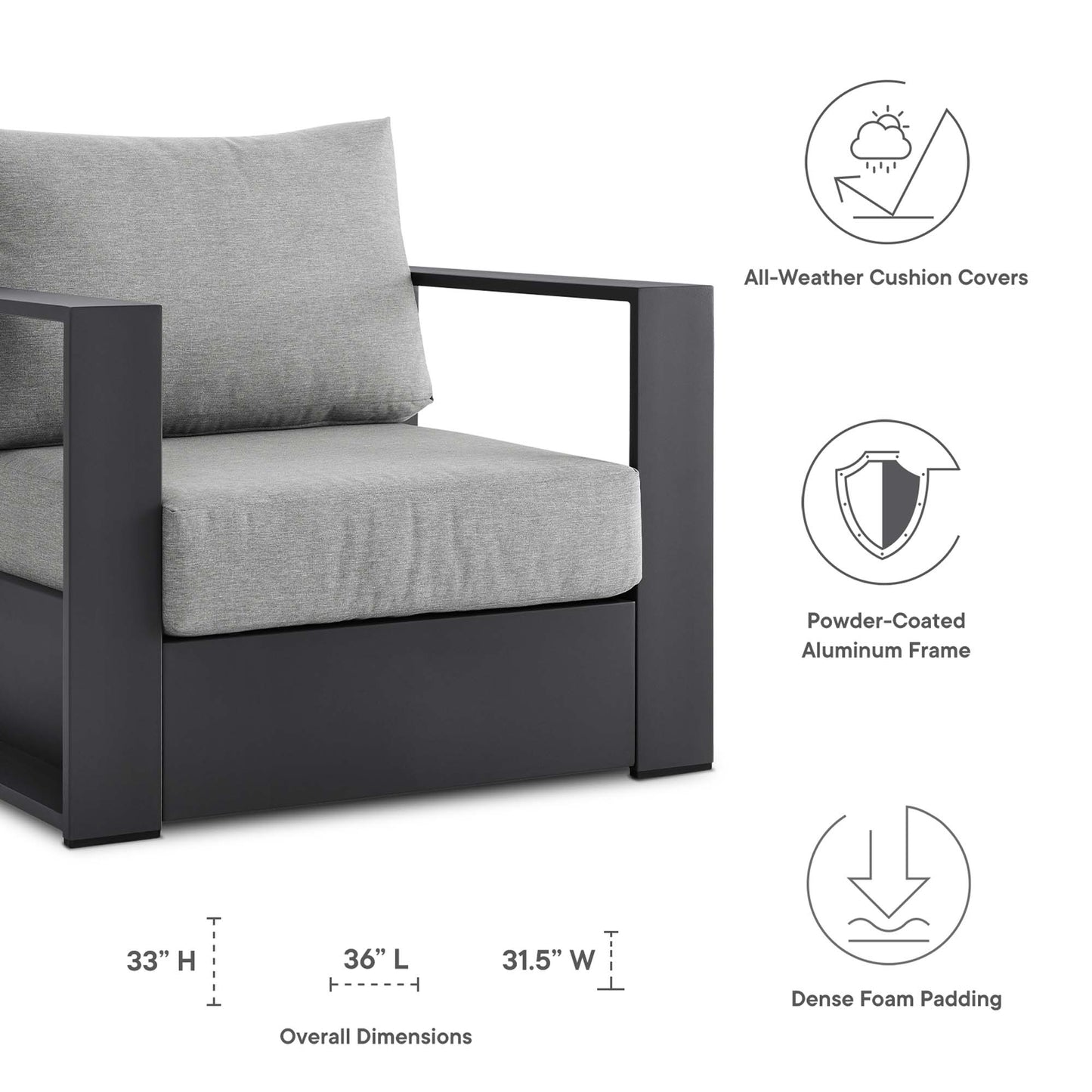 Tahoe 4-Piece Outdoor Patio Powder-Coated Aluminum Set in Gray Gray by Modway (5749)