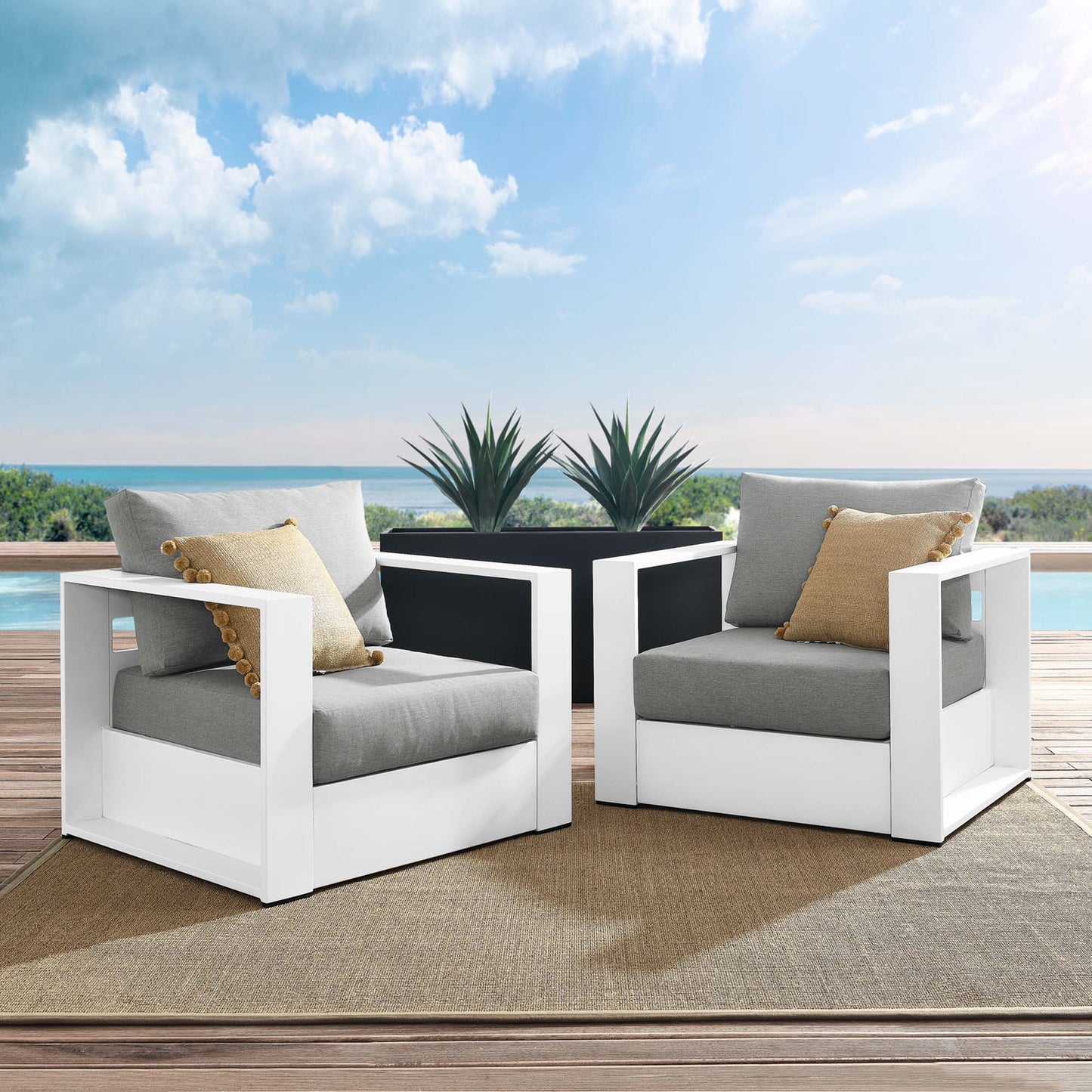 Tahoe 2-Piece Outdoor Patio Powder-Coated Aluminum Armchair Set in White Gray by Modway (5751)