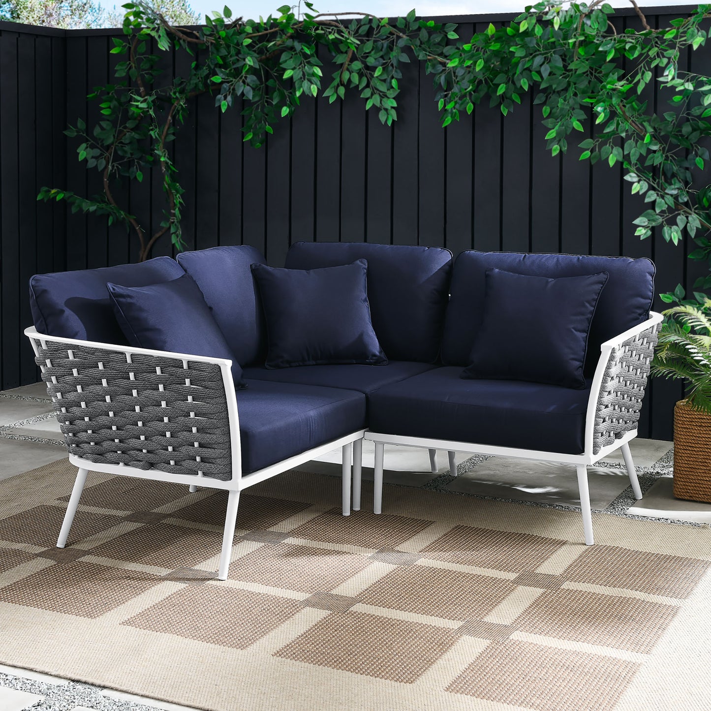 Stance Outdoor Patio Aluminum Small Sectional Sofa in White Navy by Modway (5752)
