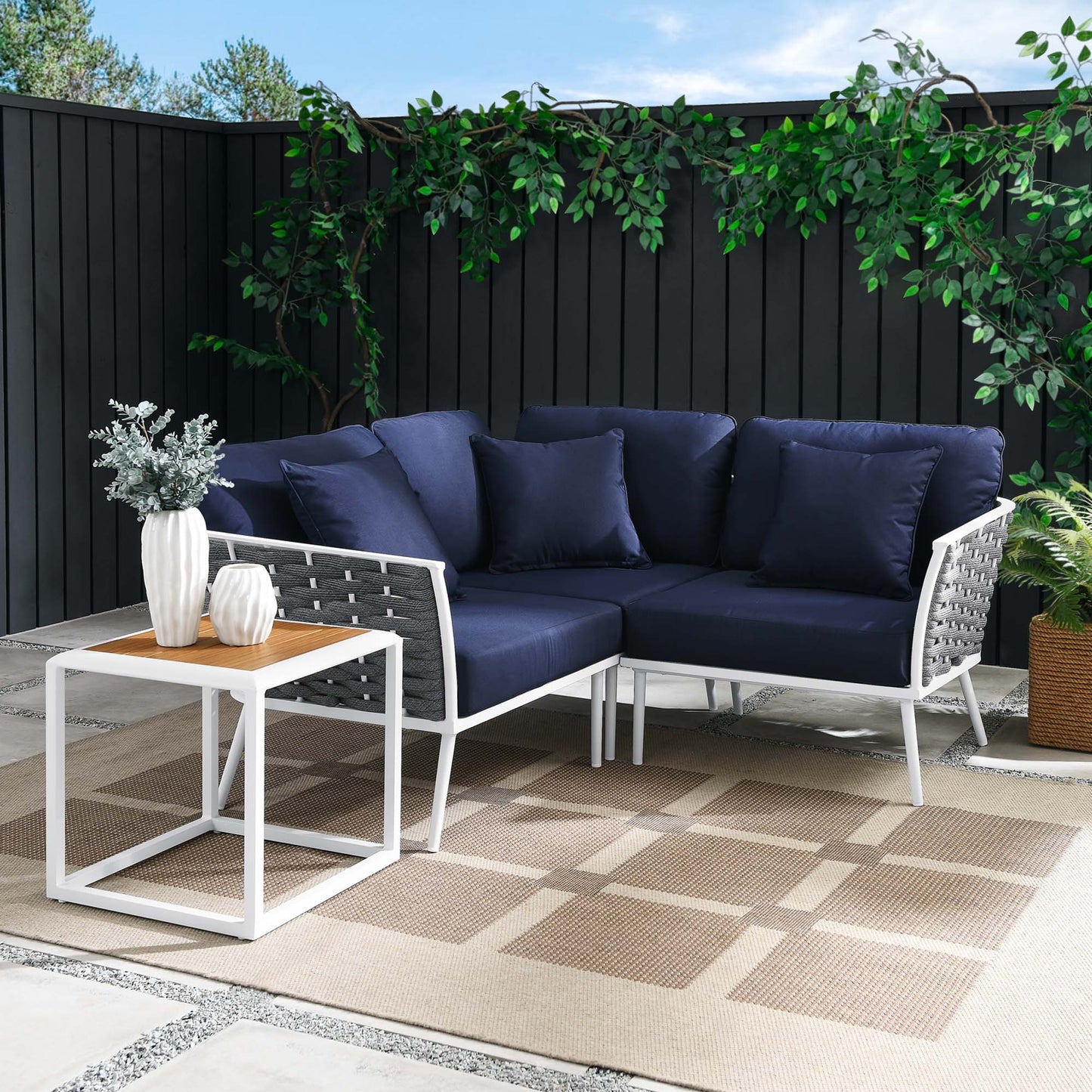 Stance 4 Piece Outdoor Patio Aluminum Sectional Sofa Set in White Navy by Modway (5755)