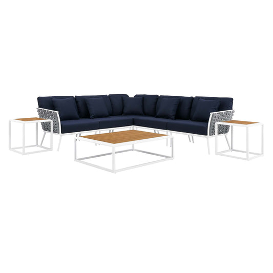 Stance 8 Piece Outdoor Patio Aluminum Sectional Sofa Set in White Navy by Modway (5757)