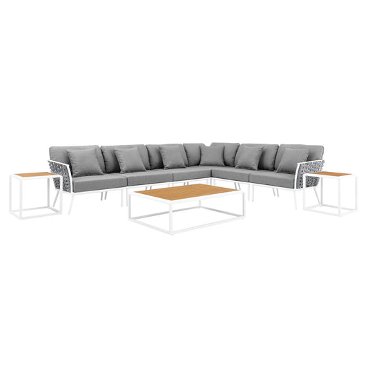 Stance 9 Piece Aluminum Outdoor Patio Aluminum Sectional Sofa Set in White Gray by Modway (5758)