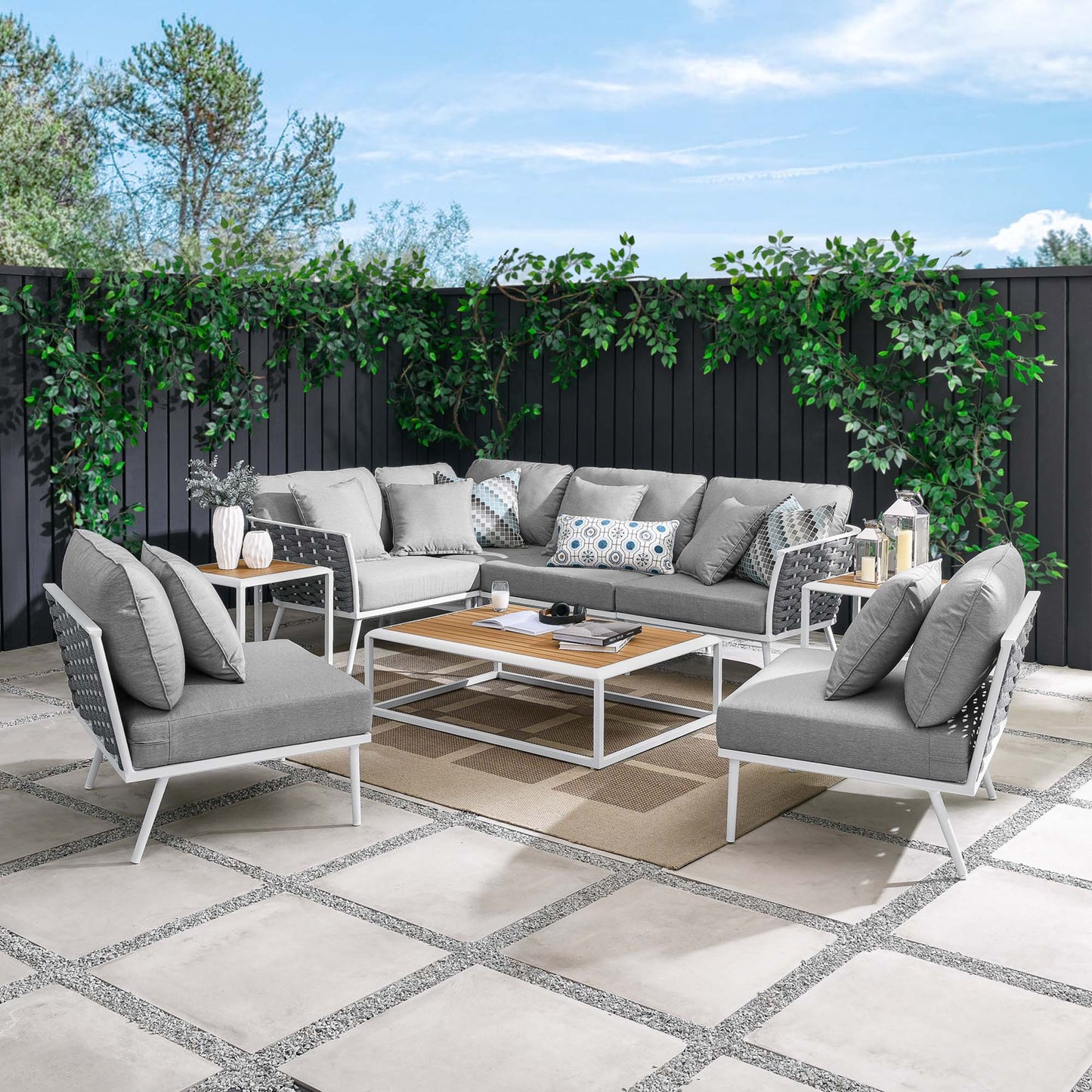 Stance 9 Piece Aluminum Outdoor Patio Aluminum Sectional Sofa Set in White Gray by Modway (5758)