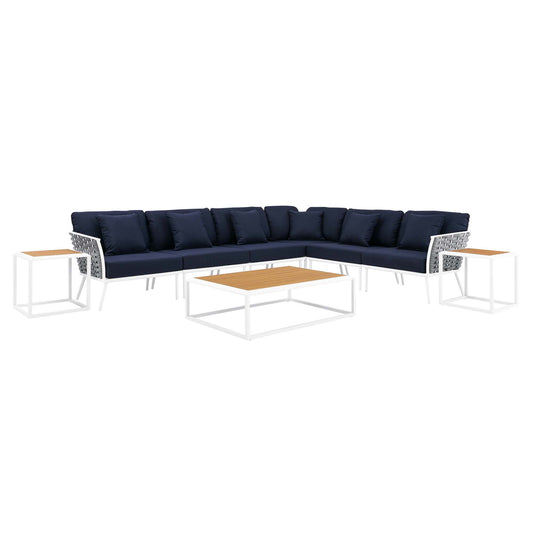 Stance 9 Piece Aluminum Outdoor Patio Aluminum Sectional Sofa Set in White Navy by Modway (5758)