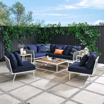 Stance 9 Piece Aluminum Outdoor Patio Aluminum Sectional Sofa Set in White Navy by Modway (5758)