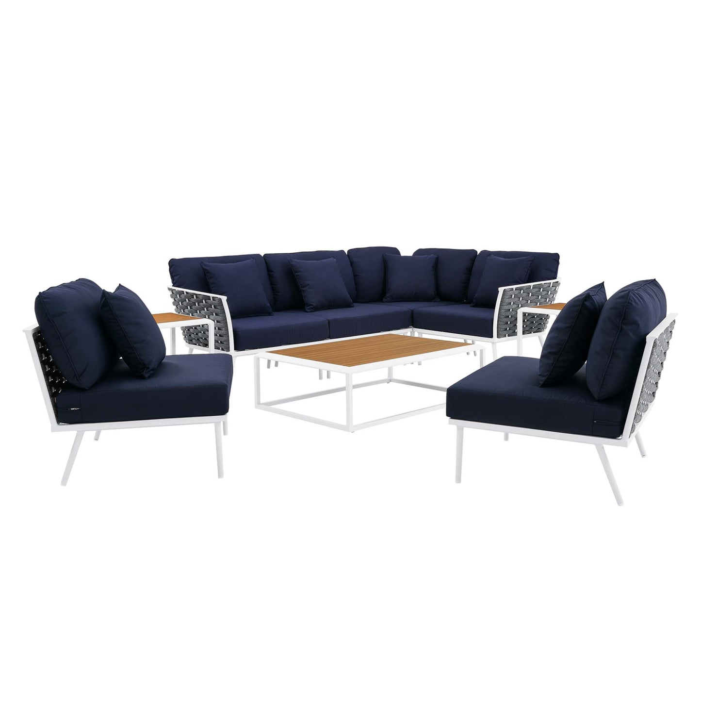Stance 9 Piece Aluminum Outdoor Patio Aluminum Sectional Sofa Set in White Navy by Modway (5758)