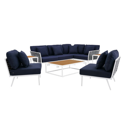 Stance 9 Piece Aluminum Outdoor Patio Aluminum Sectional Sofa Set in White Navy by Modway (5758)