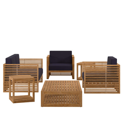 Carlsbad 6-Piece Teak Wood Outdoor Patio Set in Natural Navy by Modway (5836)