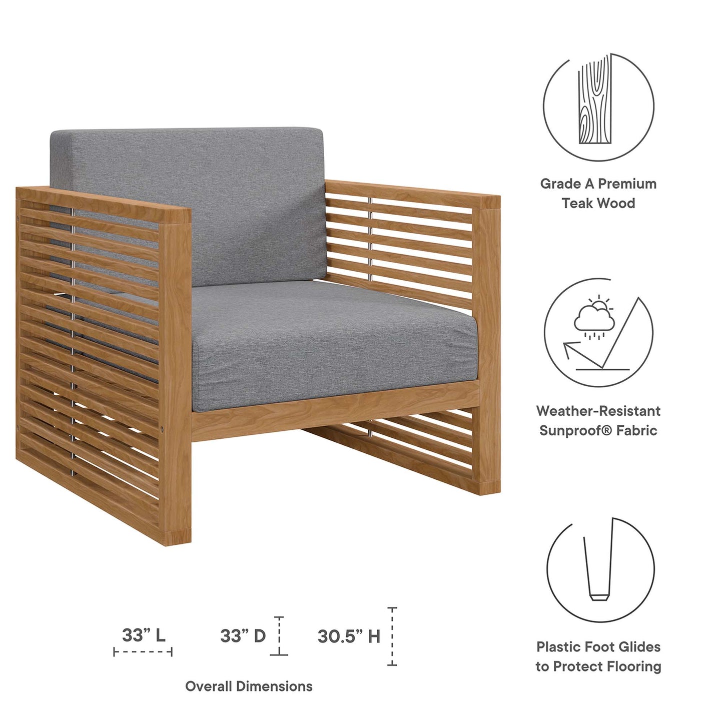 Carlsbad 3-Piece Teak Wood Outdoor Patio Set in Natural Gray by Modway (5837)