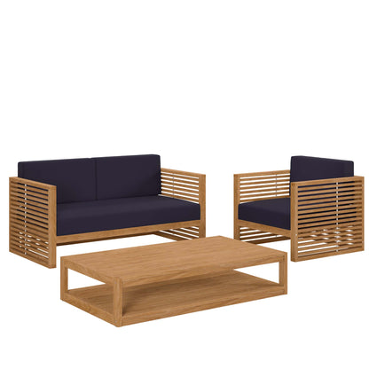 Carlsbad 3-Piece Teak Wood Outdoor Patio Set in Natural Navy by Modway (5837)