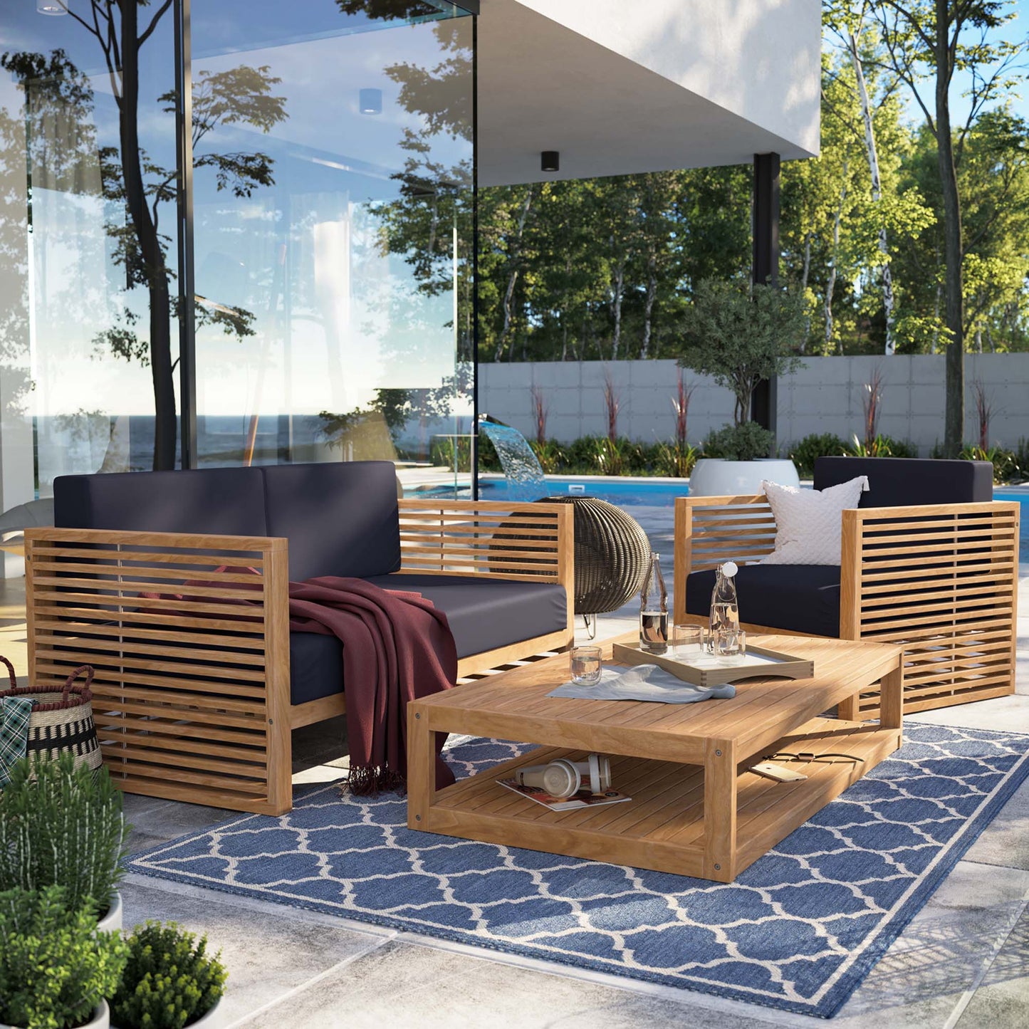 Carlsbad 3-Piece Teak Wood Outdoor Patio Set in Natural Navy by Modway (5837)