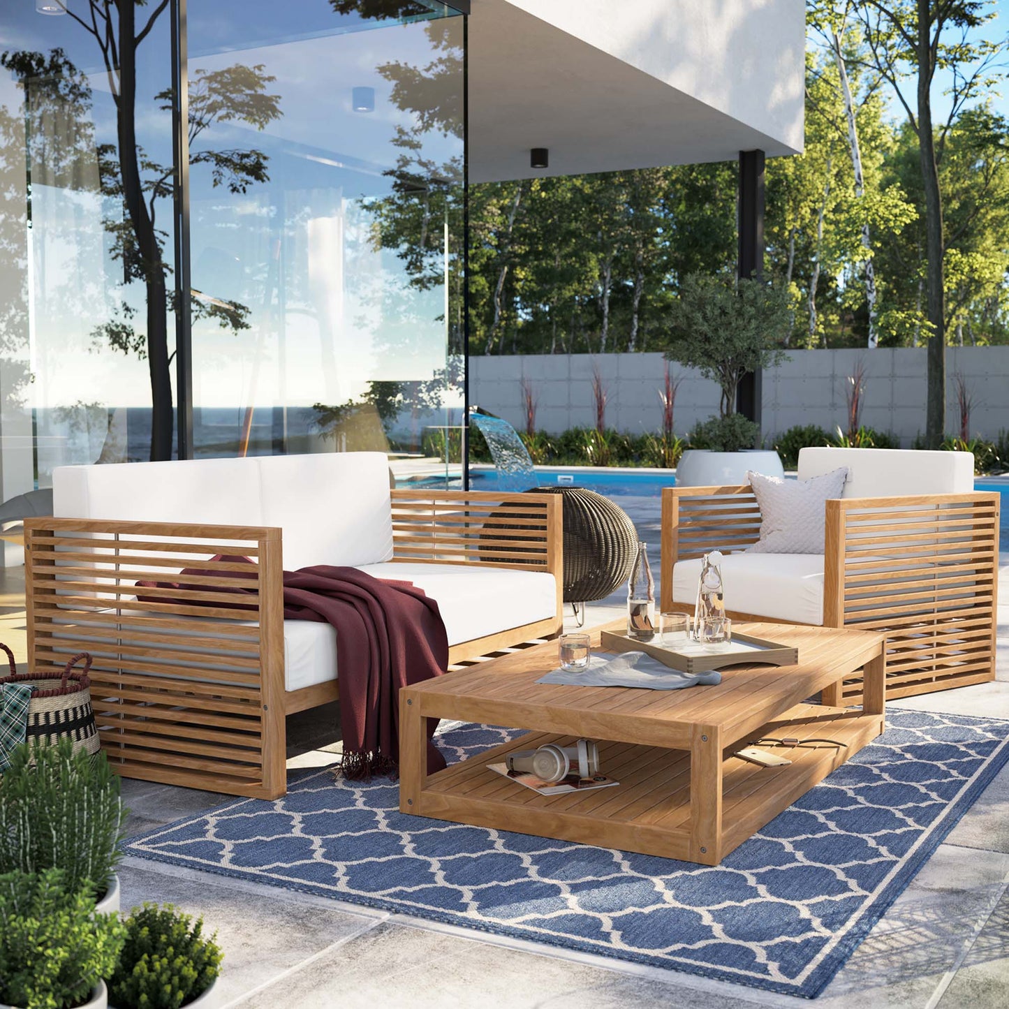 Carlsbad 3-Piece Teak Wood Outdoor Patio Set in Natural White by Modway (5837)