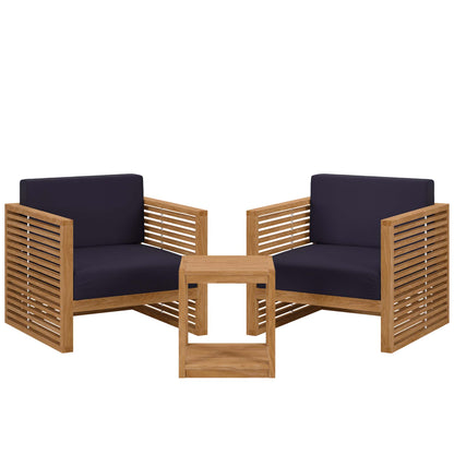 Carlsbad 3-Piece Teak Wood Outdoor Patio Set in Natural Navy by Modway (5838)