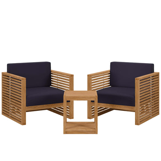 Carlsbad 3-Piece Teak Wood Outdoor Patio Set in Natural Navy by Modway (5838)