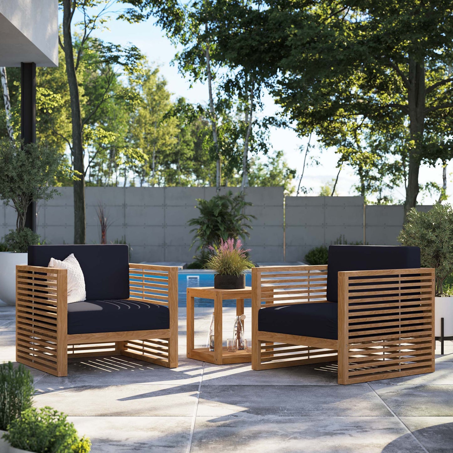 Carlsbad 3-Piece Teak Wood Outdoor Patio Set in Natural Navy by Modway (5838)
