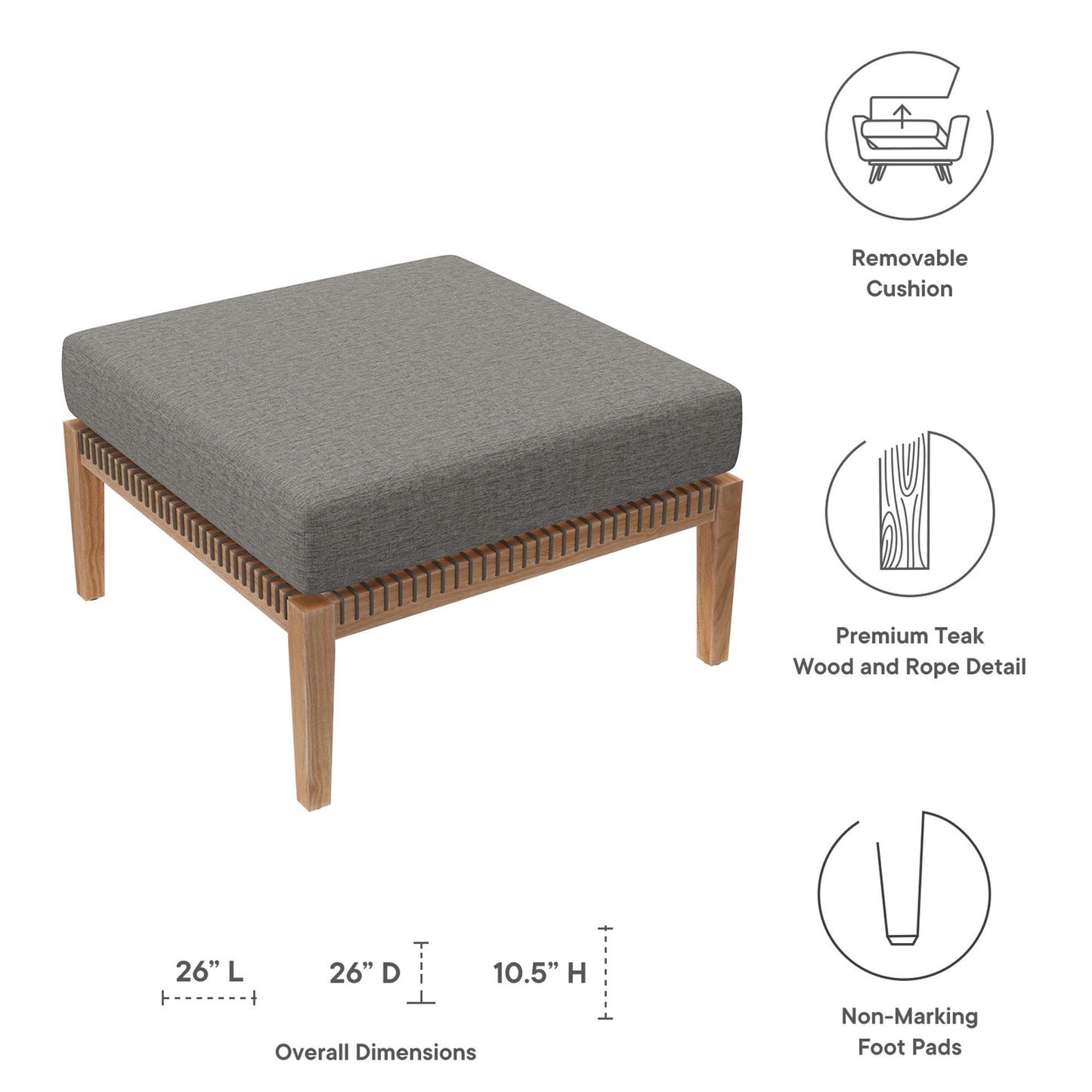 Clearwater Outdoor Patio Teak Wood Ottoman in Gray Graphite by Modway (5854)