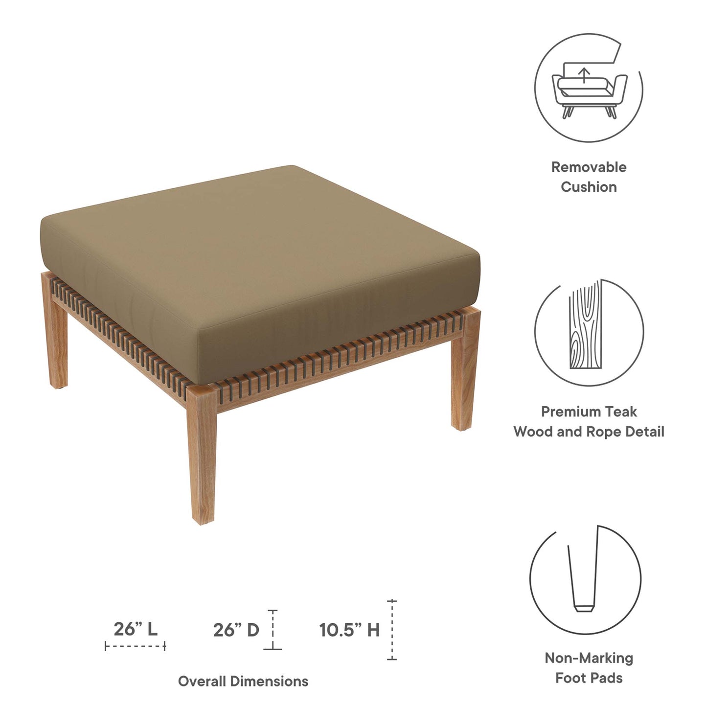 Clearwater Outdoor Patio Teak Wood Ottoman in Gray Light Brown by Modway (5854)