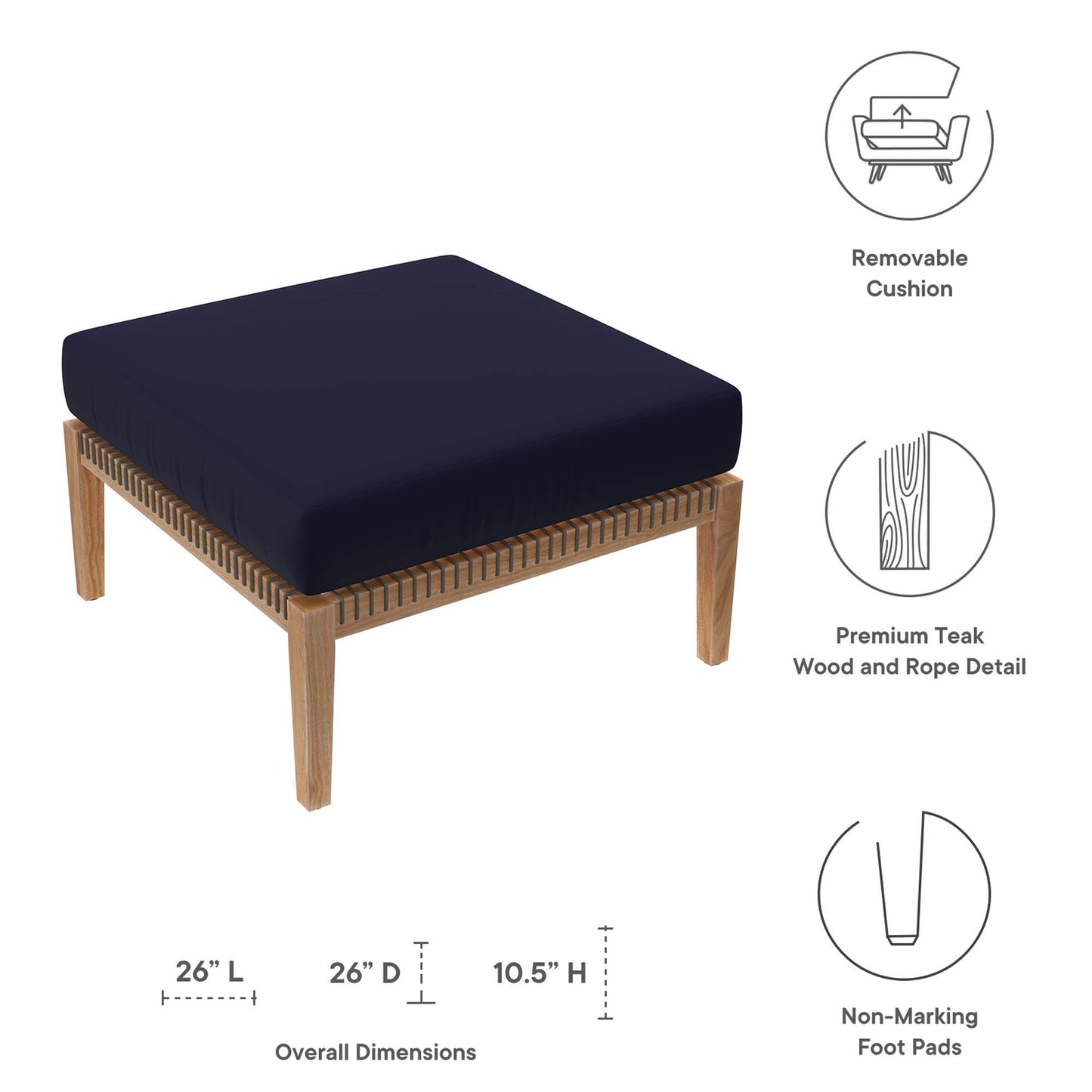 Clearwater Outdoor Patio Teak Wood Ottoman in Gray Navy by Modway (5854)