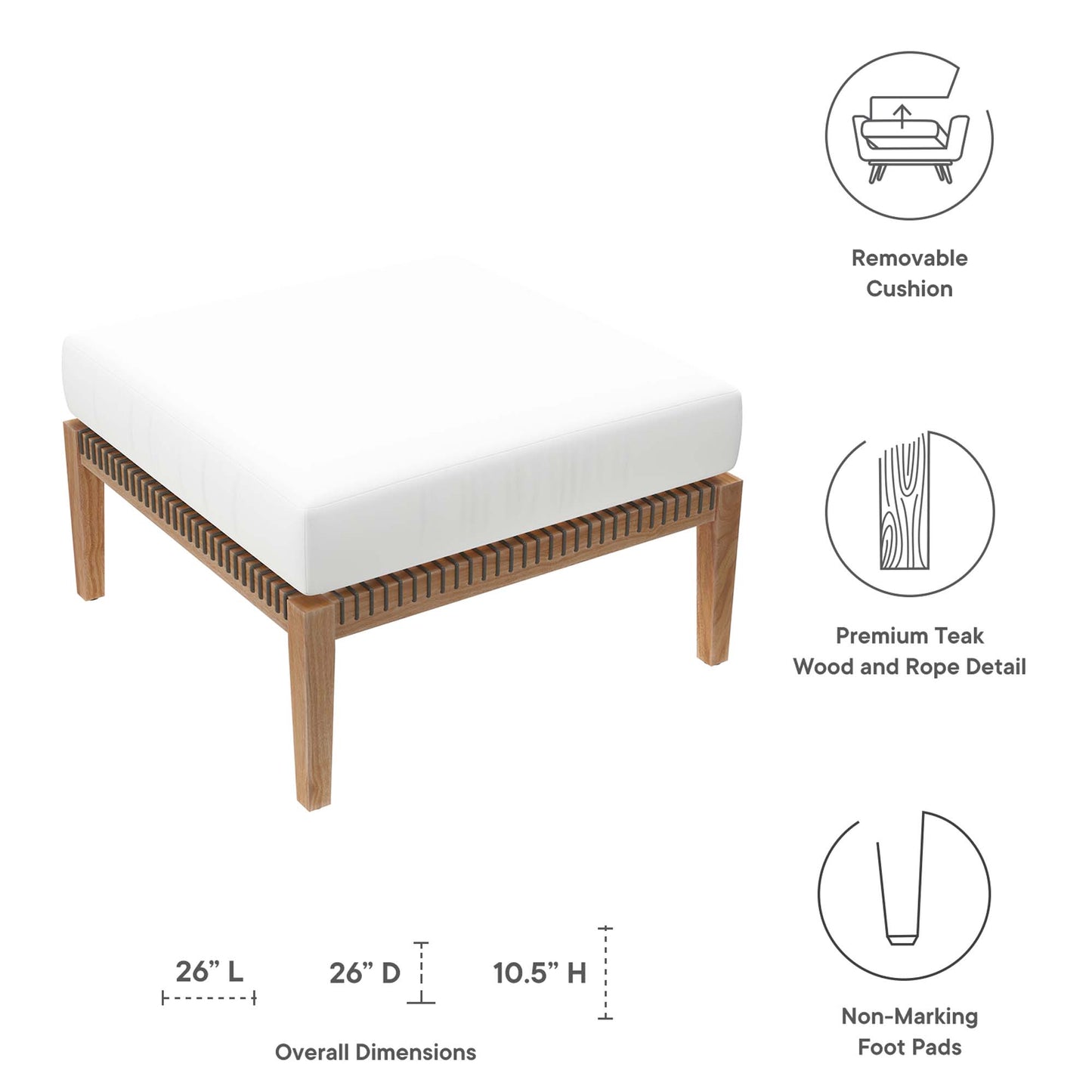 Clearwater Outdoor Patio Teak Wood Ottoman in Gray White by Modway (5854)
