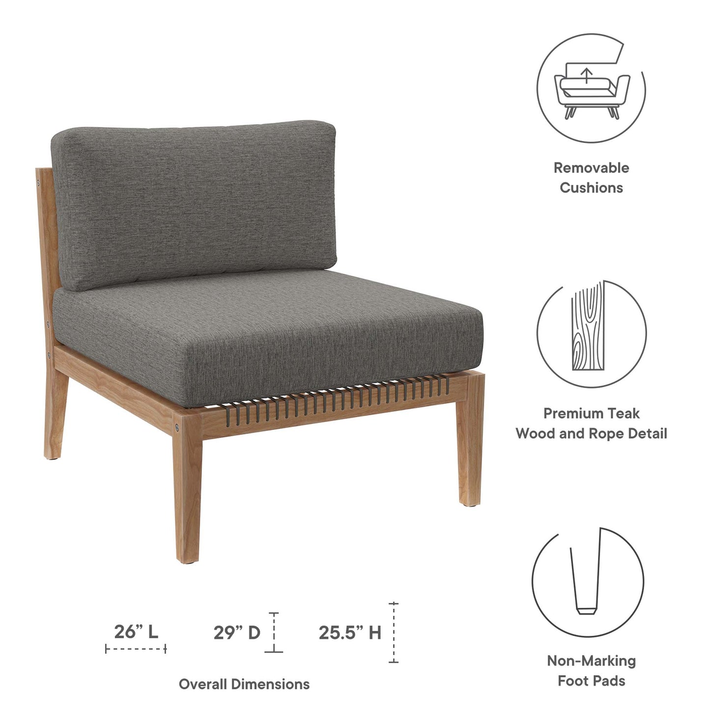 Clearwater Outdoor Patio Teak Wood Armless Chair in Gray Graphite by Modway (5856)