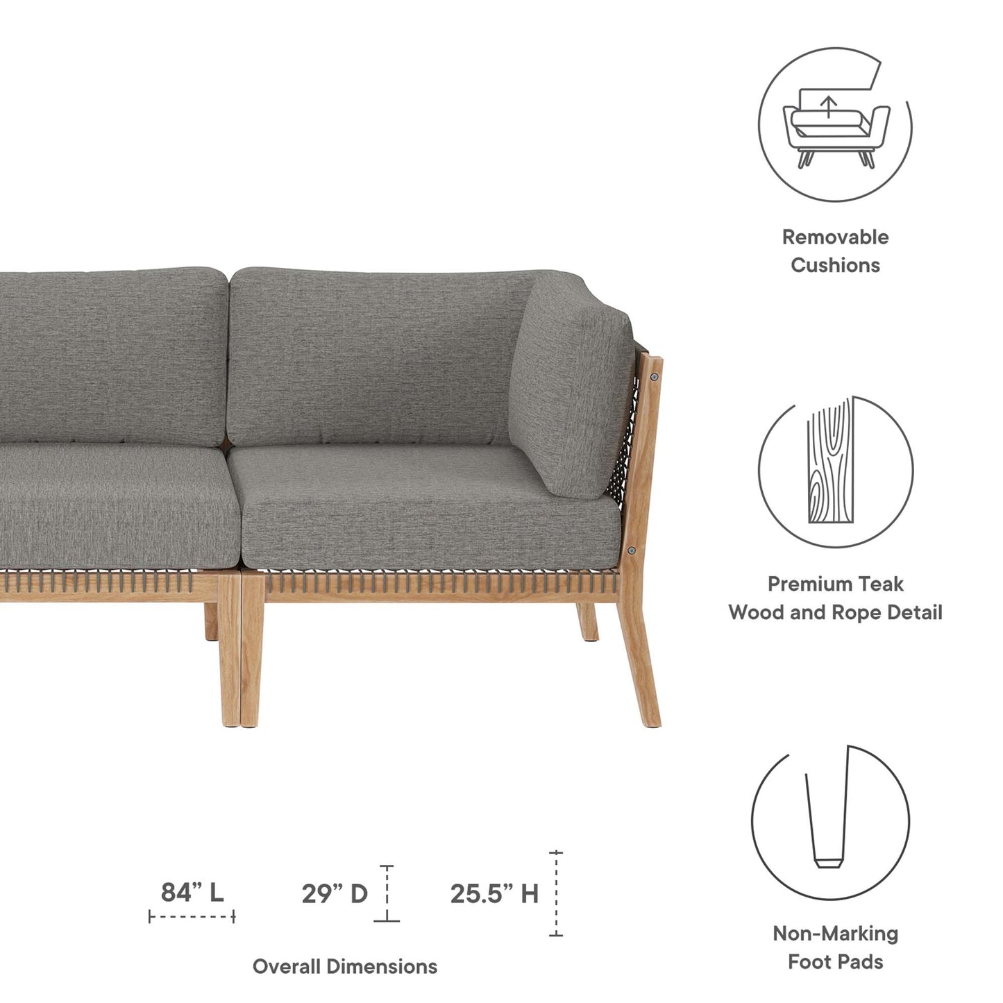 Clearwater Outdoor Patio Teak Wood Sofa in Gray Graphite by Modway (6120)