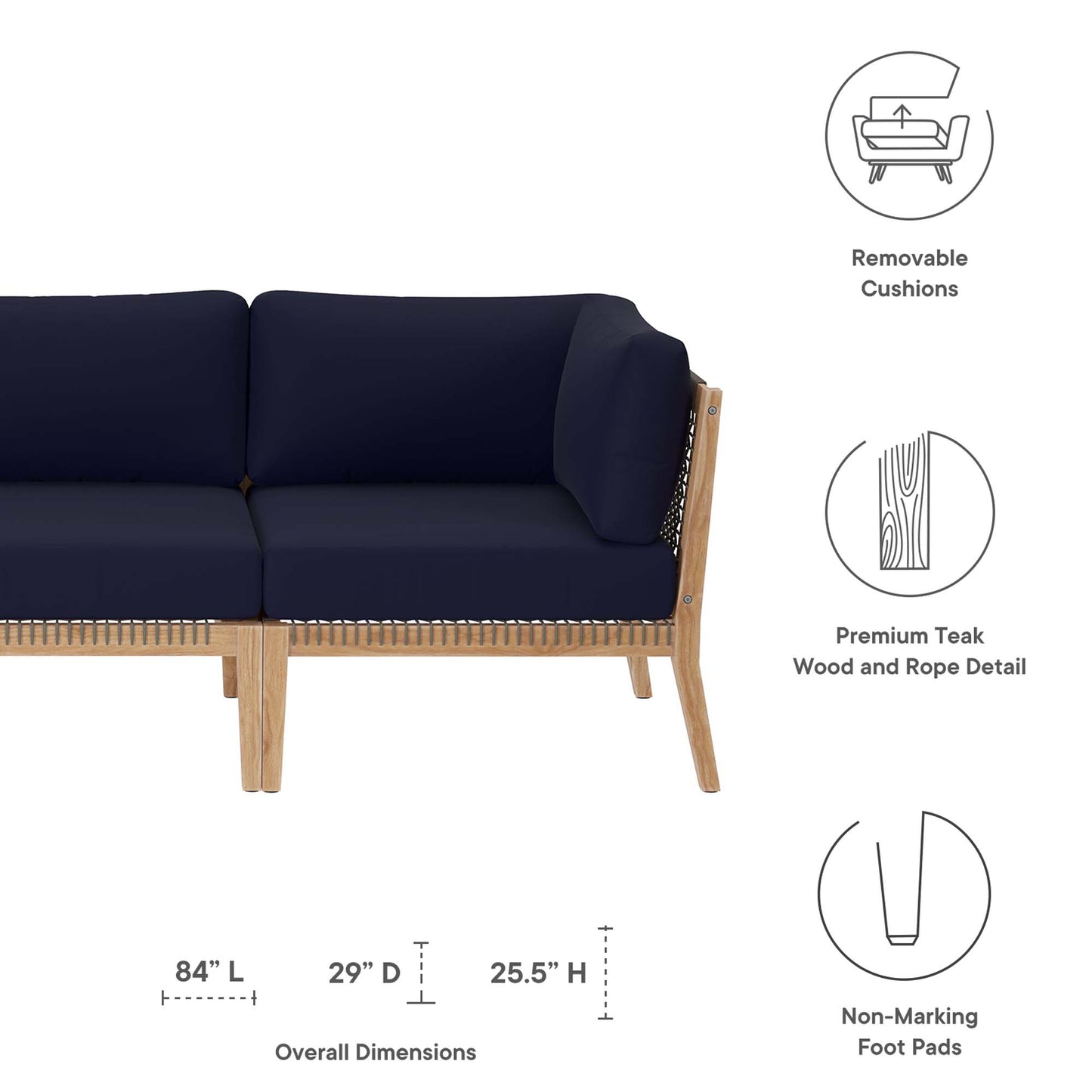 Clearwater Outdoor Patio Teak Wood Sofa in Gray Navy by Modway (6120)