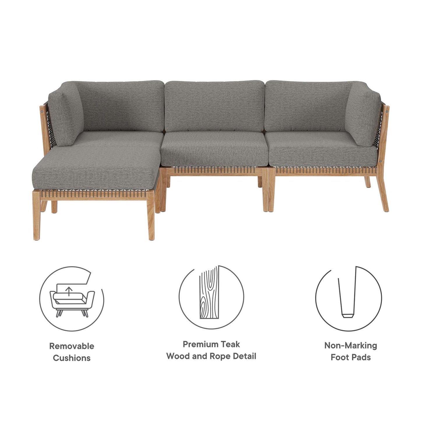 Clearwater 4-Piece Outdoor Patio Teak Wood Sectional Sofa in Gray Graphite by Modway (6121)