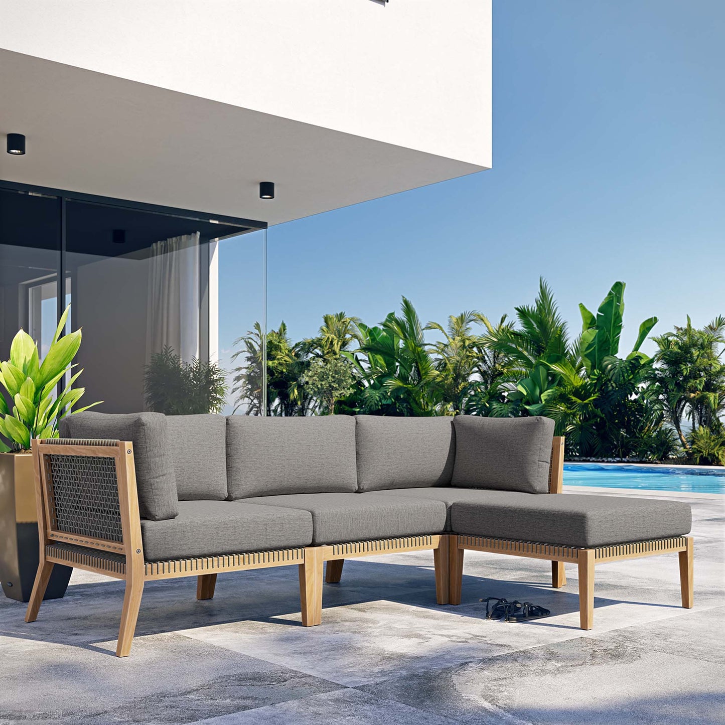Clearwater 4-Piece Outdoor Patio Teak Wood Sectional Sofa in Gray Graphite by Modway (6121)