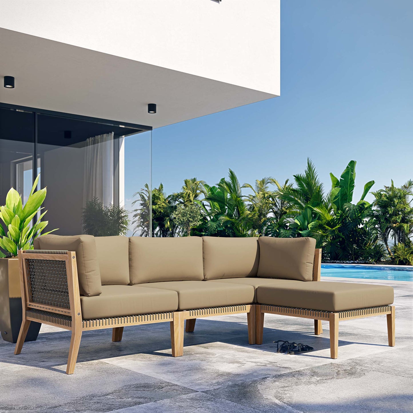 Clearwater 4-Piece Outdoor Patio Teak Wood Sectional Sofa in Gray Light Brown by Modway (6121)