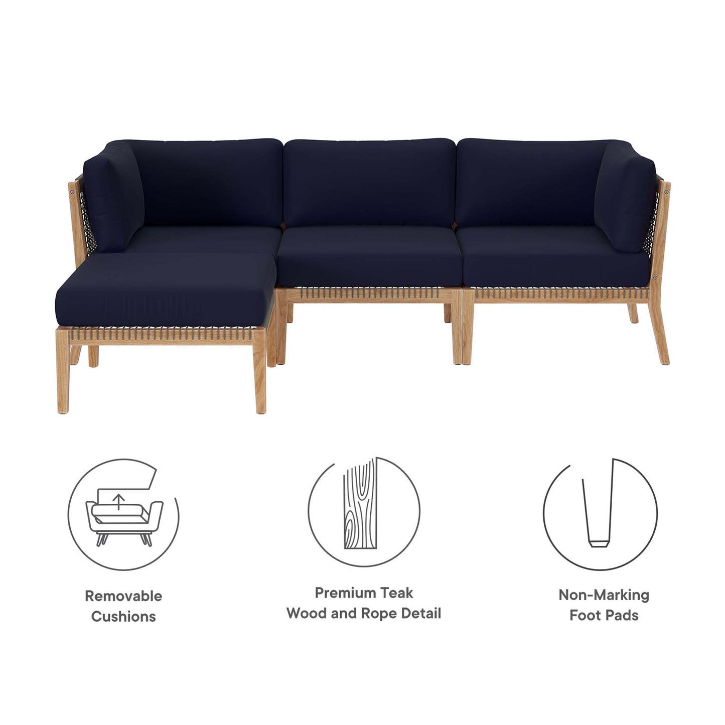 Clearwater 4-Piece Outdoor Patio Teak Wood Sectional Sofa in Gray Navy by Modway (6121)